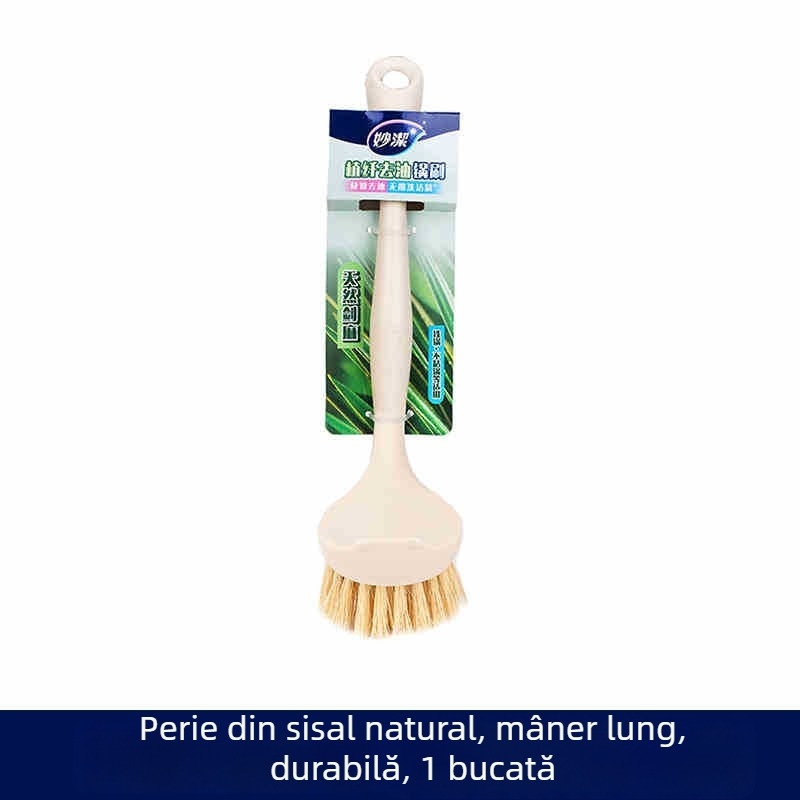 Miaojie Perie cu mâner lung pentru vase și oale, fibre naturale de sisal, îndepărtarea uleiului