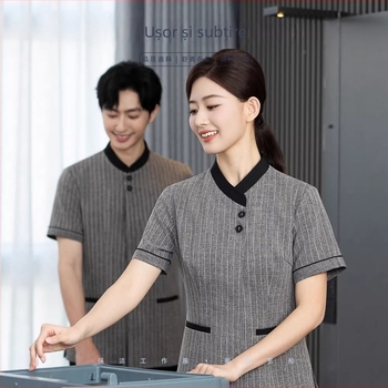JHWY Set uniformă de curățenie pentru hotel, din in ușor, top și pantaloni, mâneci scurte, unisex, vară