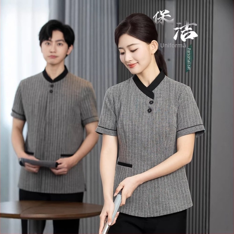 JHWY Set uniformă de curățenie pentru hotel, din in ușor, top și pantaloni, mâneci scurte, unisex, vară