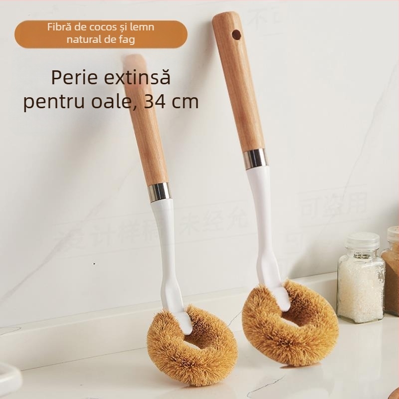 Perie de curățare pentru oale, cu mâner lung, din fibre de cocos – nu zgârie vasele