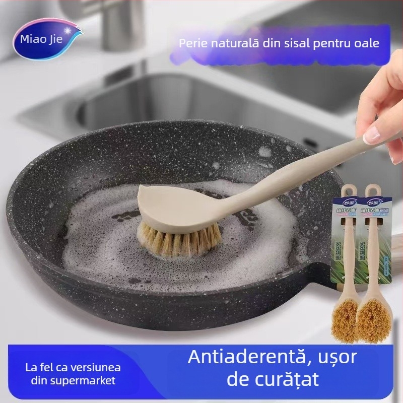 Miaojie Perie pentru oale din fibre vegetale, mâner lung, peri moi, rezistente, nu zgârie oalele, pentru spălat vase și curățenie în bucătărie