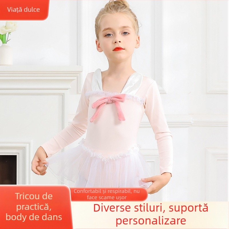 Beigeya costum de balet pentru fete, toamnă-iarna, fustă tutu cu iepuraș, mâneci lungi și scurte, funda, îmbrăcăminte de antrenament