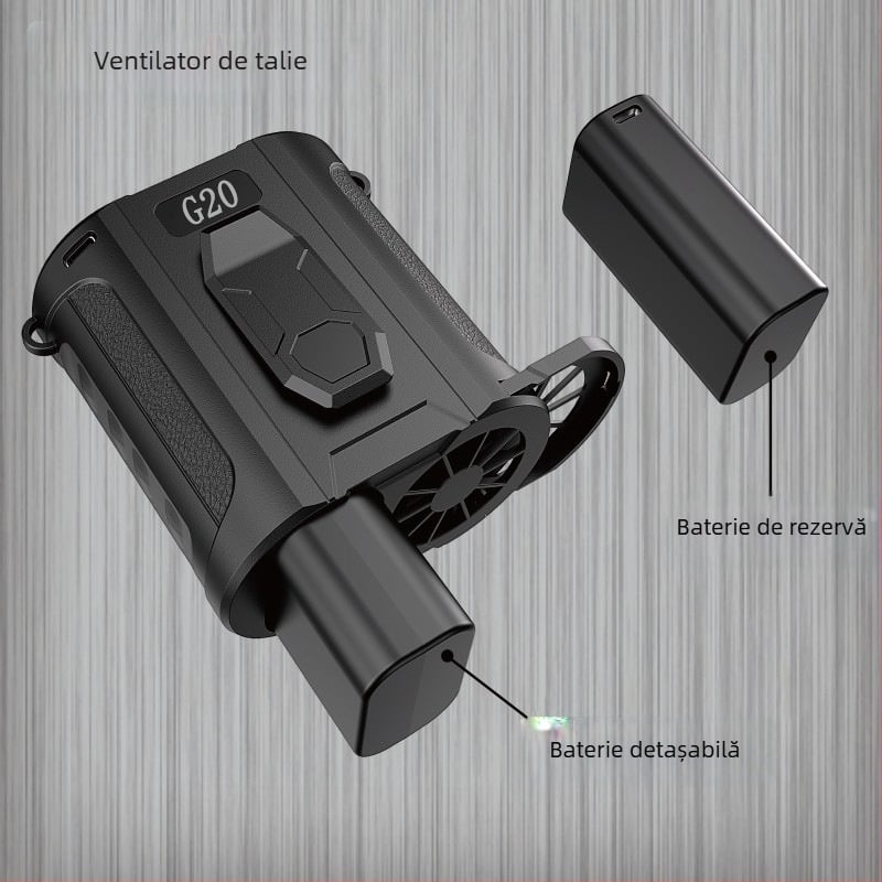 Ventilator de talie pentru exterior, cu baterie detașabilă, filtru și lumină de noapte