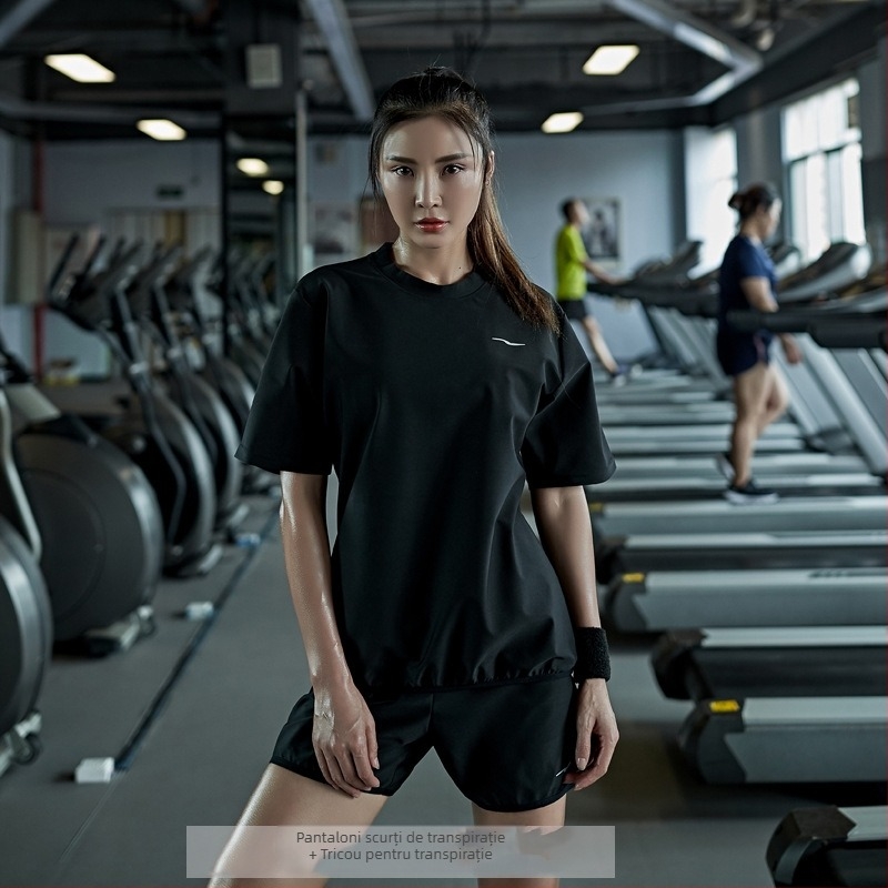 Set de fitness feminin de vară: Bluza cu mâneci scurte și șort, croială lejeră, pentru sala de sport, alergare, yoga și dans