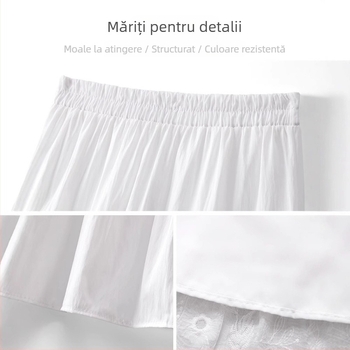Fustă din chiffon alb pentru femei, vară, lejeră, talie înaltă elastică, plisată în A-line, inserție de dantelă, fustă tip umbrelă