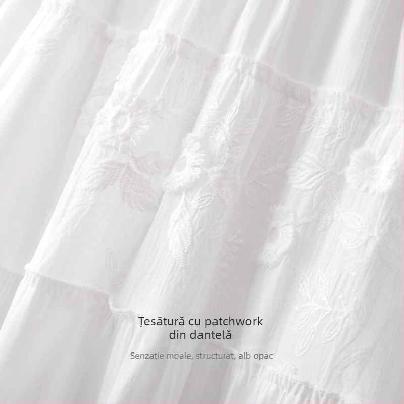 Fustă din chiffon alb pentru femei, vară, lejeră, talie înaltă elastică, plisată în A-line, inserție de dantelă, fustă tip umbrelă