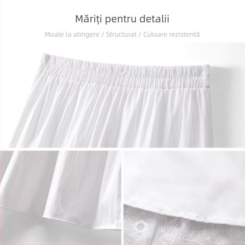 Fustă din chiffon alb pentru femei, vară, lejeră, talie înaltă elastică, plisată în A-line, inserție de dantelă, fustă tip umbrelă