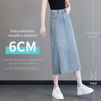 Fustă midi din denim, în stil chinezesc, pentru femei, primăvara-vară 2026, broderie cu cristale și nasturi, deschidere, croială A.
