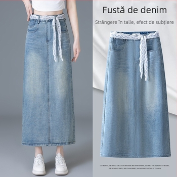 Fustă midi din denim albastru, talie cu dantelă, croială A-line, despicătură frontală