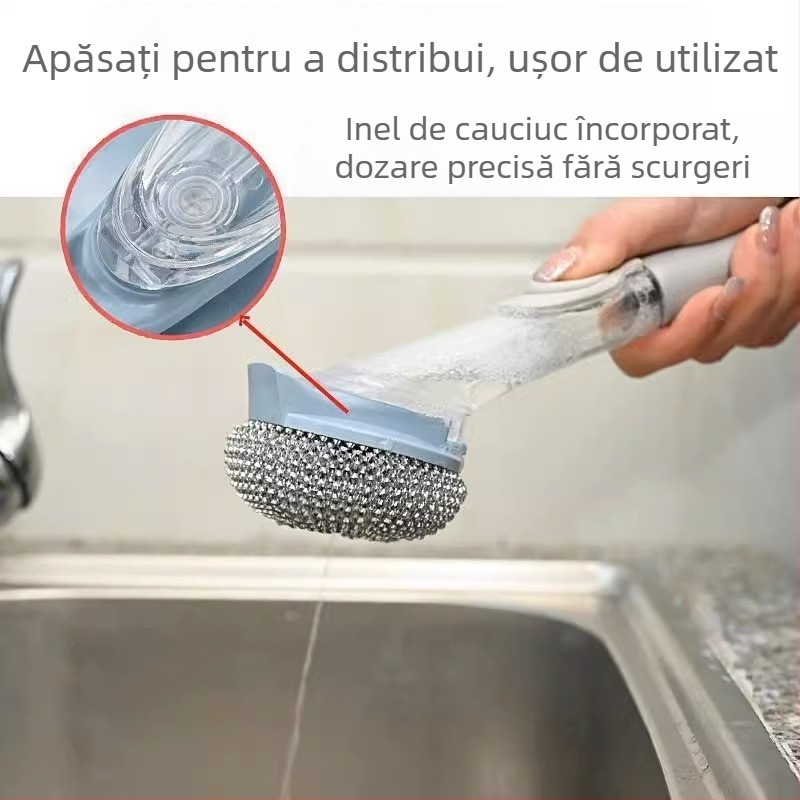 Perie de bucătărie cu mâner lung, dozator de săpun lichid și bilă din oțel pentru curățarea oalelor