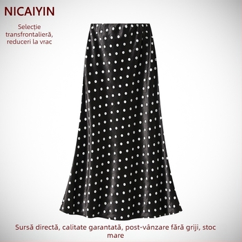 Fustă midi cu buline, talie înaltă, croială de tip A, lungime medie, elegantă și subțire