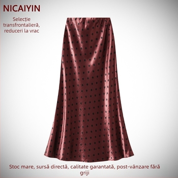 Fustă midi cu buline, talie înaltă, croială de tip A, lungime medie, elegantă și subțire