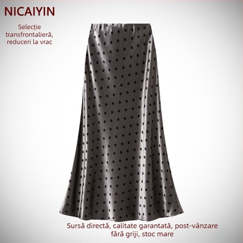 Fustă midi cu buline, talie înaltă, croială de tip A, lungime medie, elegantă și subțire