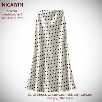 Fustă midi cu buline, talie înaltă, croială de tip A, lungime medie, elegantă și subțire