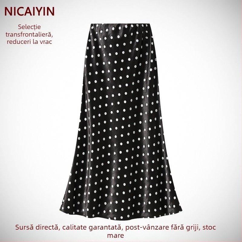 Fustă midi cu buline, talie înaltă, croială de tip A, lungime medie, elegantă și subțire