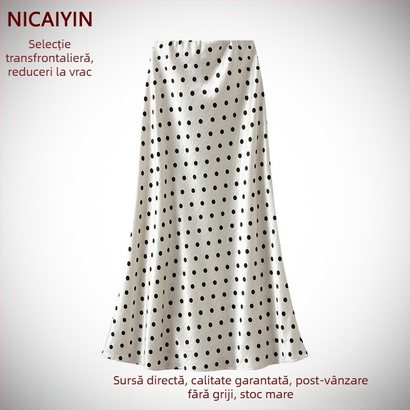 Fustă midi cu buline, talie înaltă, croială de tip A, lungime medie, elegantă și subțire