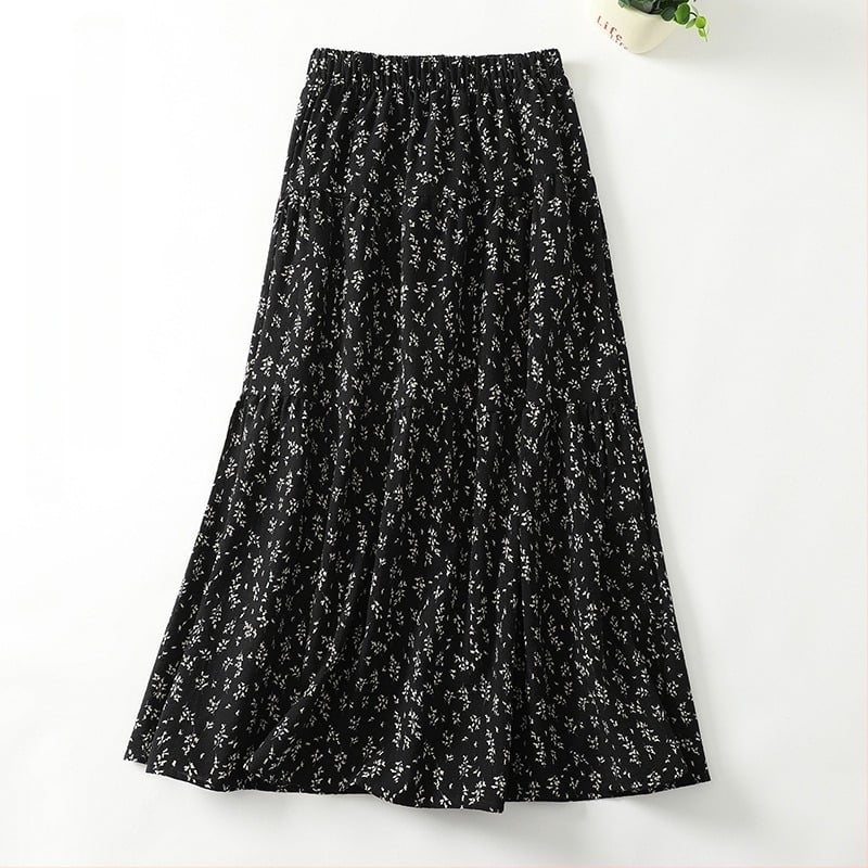 Fustă midi neagră cu imprimeu floral, A-line, primăvara 2025, stil retro francez, croială drapată