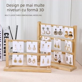Suport din lemn pentru cercei cu cârlige – afișaj 3D minimalist, patru niveluri, pentru brățări, inele și coliere