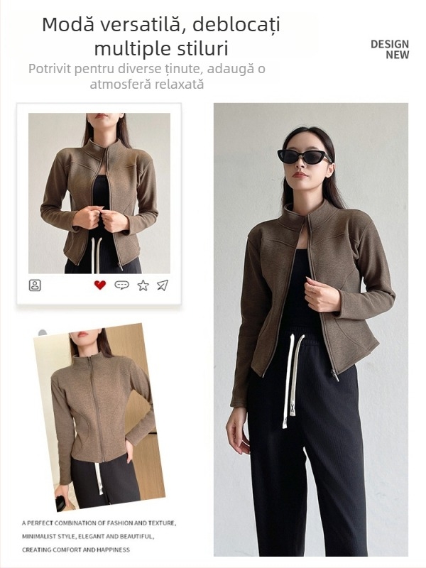 1577 Cardigan pentru femei, scurt, cu guler înalt și căptușeală din fleece, pentru toamnă-iarnă, croială slim, cald