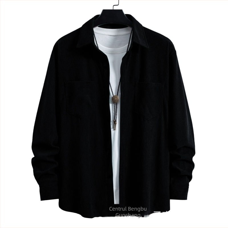 Cardigan-cămașă bărbătească din corduroy, cu rever, culoare solidă, mâneci lungi, stil vintage casual