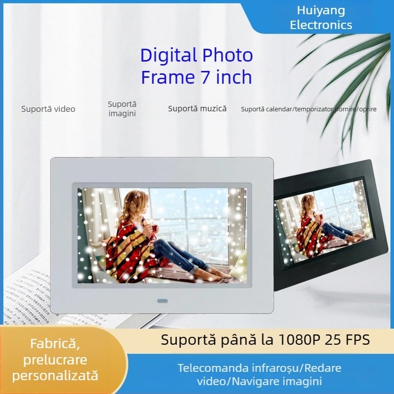 Ramă foto digitală de 7 inch, suport SD/USB/TF, redare muzică și video, ieșire TV, calendar perpetuu și ceas