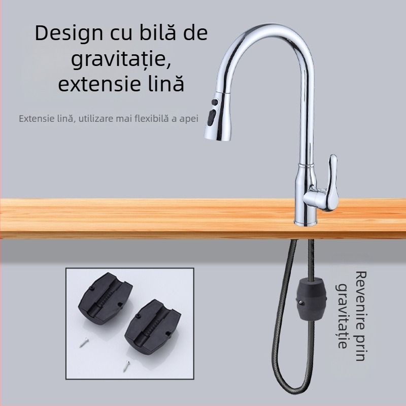 Robinet de bucătărie din oțel inoxidabil, cu extensie, trei moduri de flux, apă caldă și rece, finisaj electroplatat, pentru chiuvetă