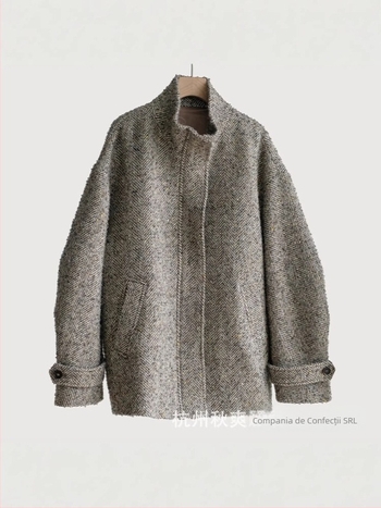 Palton midi pentru femei, în stil jachetă, lână de alpaca, jacquard texturat, model herringbone