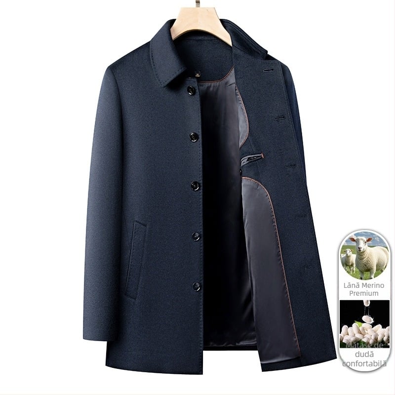 Palton de lână pentru bărbați cu rever – business casual, iarnă, lungime medie, mâneci lungi