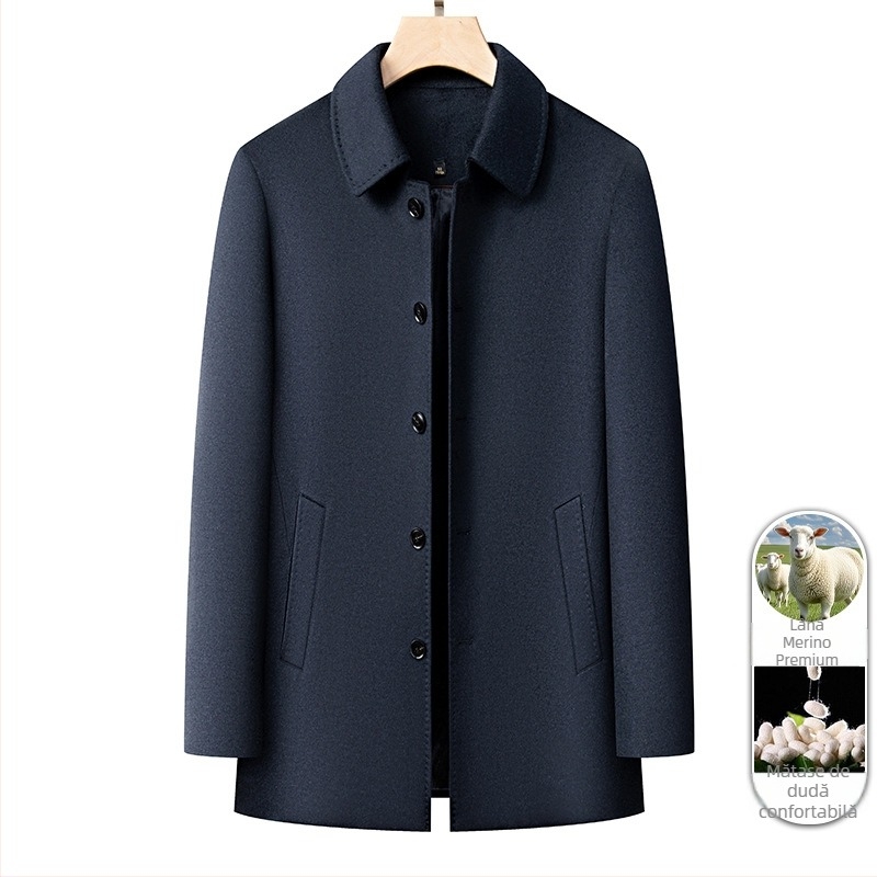 Palton de lână pentru bărbați cu rever – business casual, iarnă, lungime medie, mâneci lungi