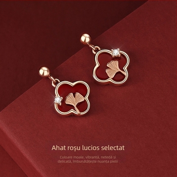 Tichia Original: agată roșu, trifoi cu patru foi, cercei mici noroc pentru femei, argint 990, design retro, motiv frunză de ginkgo