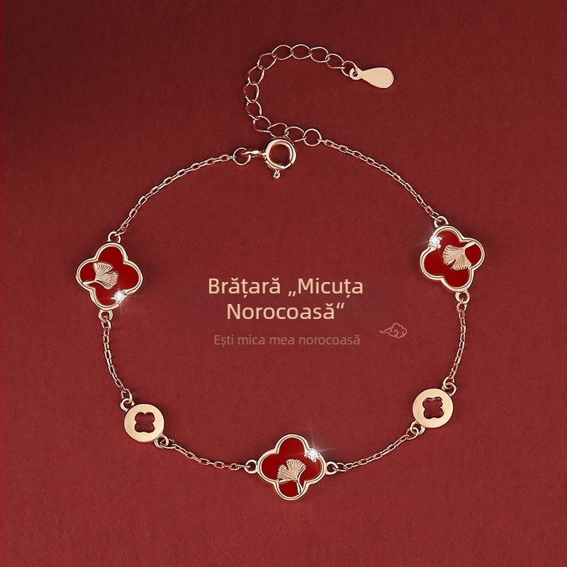 Tichia Original: agată roșu, trifoi cu patru foi, cercei mici noroc pentru femei, argint 990, design retro, motiv frunză de ginkgo