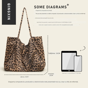 Geantă Tote cu imprimeu leopard, stil casual coreean, capacitate mare, din pânză, curea de umăr în contrast de culori