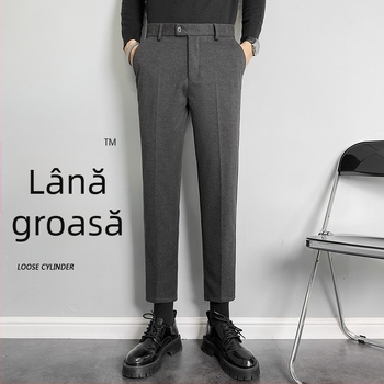 Pantaloni bărbați din lână pentru toamnă-iarna, croială straight, slim, stil coreean, lungime până la gleznă, casual