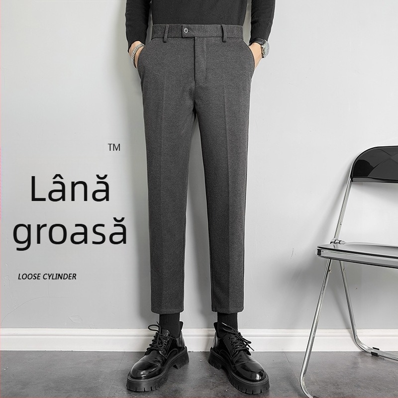 Pantaloni bărbați din lână pentru toamnă-iarna, croială straight, slim, stil coreean, lungime până la gleznă, casual