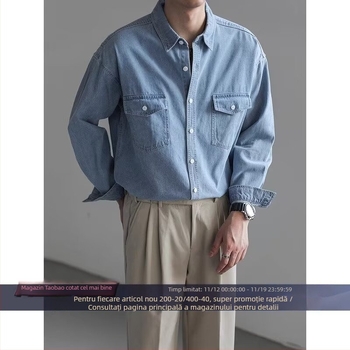 Cămașă din denim spălată pentru bărbați, stil coreean, croială lejeră, mâneci lungi, primăvară