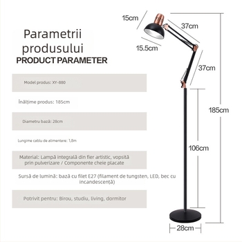 Lampă de podea din metal, finisaj cromat electrolitic, stil european-american, pentru studiu, dormitor, birou, sufragerie