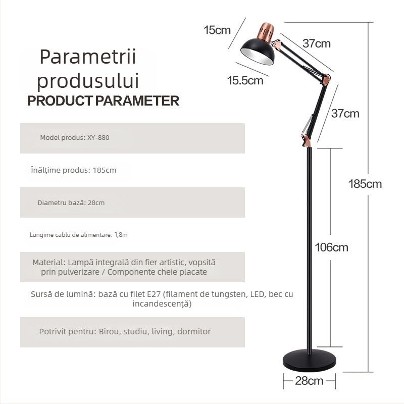 Lampă de podea din metal, finisaj cromat electrolitic, stil european-american, pentru studiu, dormitor, birou, sufragerie