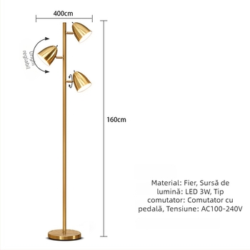 Lampa de podea minimalistă, modernă, cu trei capete reglabile pentru protecția ochilor