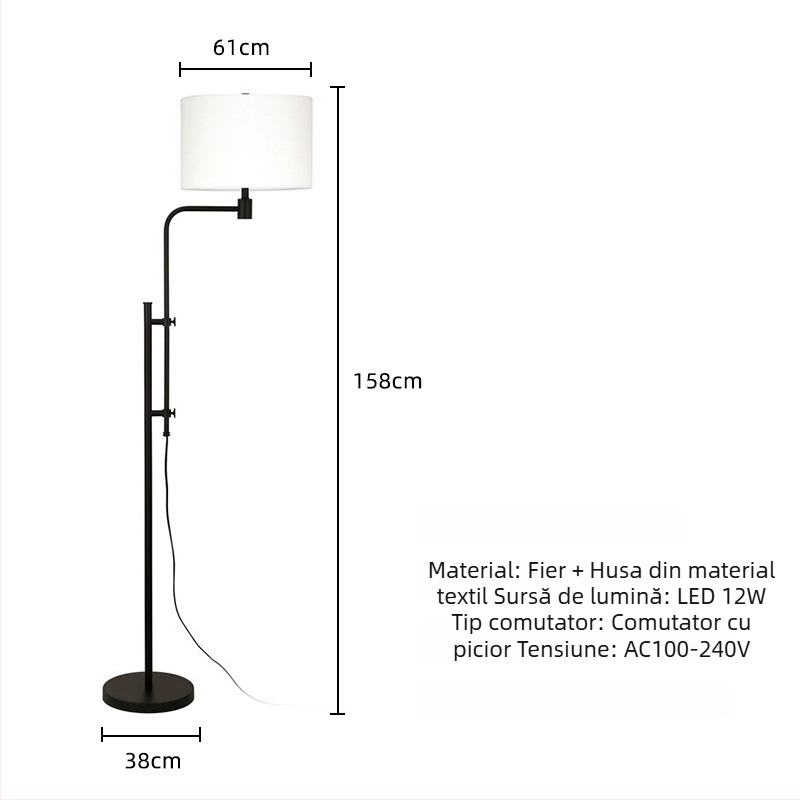 Lampă de podea nordică cu abajur din țesătură, înălțime 158 cm, LED, pentru living și dormitor