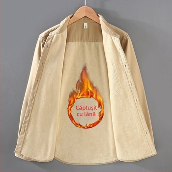 2386 Cămașă de lucru cu căptușeală din fleece pentru bărbați, mânecă lungă, stil vintage casual, caldă și versatilă