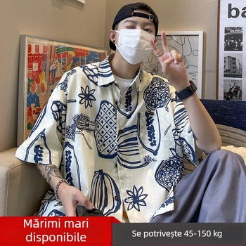 Cămașă pentru bărbați cu imprimeu graffiti pe toată suprafața, mâneci scurte, croială lejeră, vară ușoară în stil Hawaii de plajă