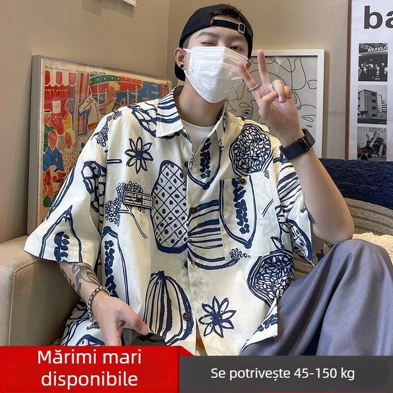 Cămașă pentru bărbați cu imprimeu graffiti pe toată suprafața, mâneci scurte, croială lejeră, vară ușoară în stil Hawaii de plajă
