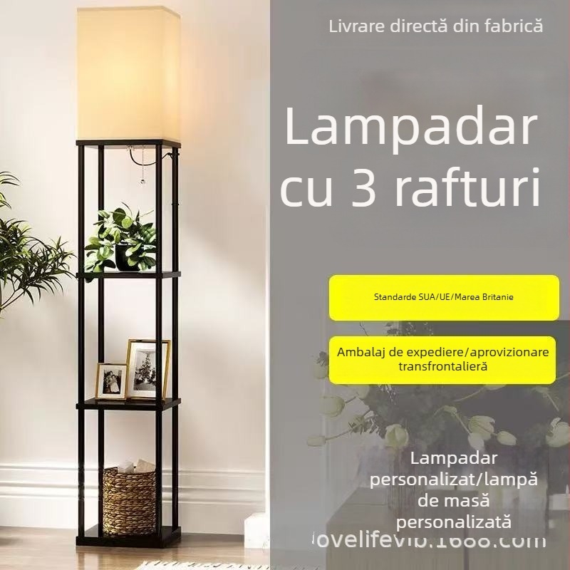 Lampă de podea cu cadru din lemn și sticlă, raft și dulap de expunere, telecomandă