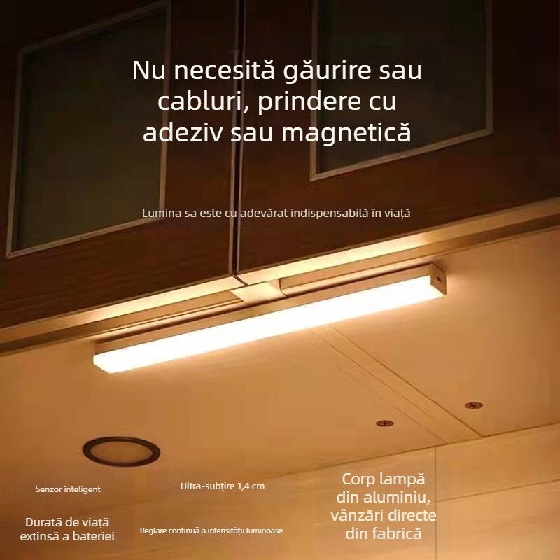 LGZM-001 lampă LED cu senzor, USB reîncărcabilă pentru dulapuri și intrare, bandă magnetică, lumină albă sau caldă, reglabilă, lungimi 10–50 cm