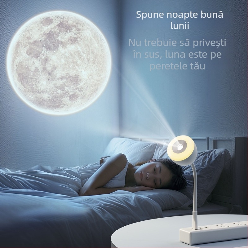 Lampă USB cu proiecție, control vocal inteligent, iluminare ambientală pliabilă pentru dormitor, lampă de birou în formă de lună și lumină de noapte