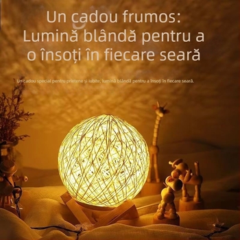 Lampă de noptieră creativă cu bilă din bambus și ratan, lampă de noapte USB