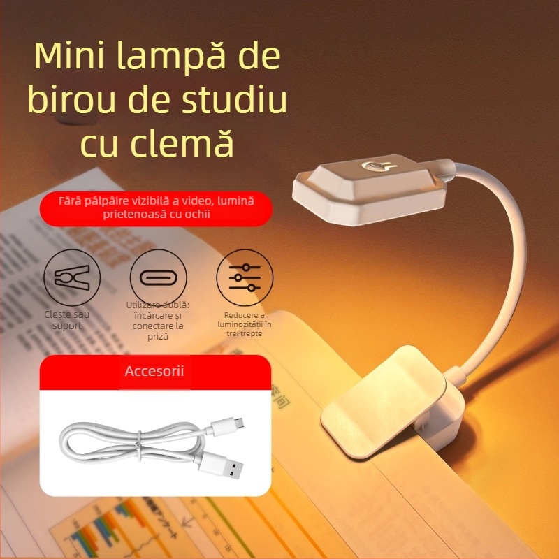 Lampă mică de lectură cu clips, protecție pentru ochi, pentru dormitorul studențesc, lampă de studiu reîncărcabilă lângă pat