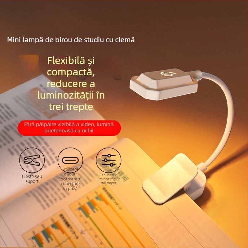 Lampă mică de lectură cu clips, protecție pentru ochi, pentru dormitorul studențesc, lampă de studiu reîncărcabilă lângă pat