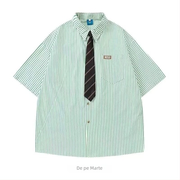 Brand american retro, cămașă pentru bărbați cu dungi verticale și buzunar, croială lejeră, stil colegiu, cămașă de vară business