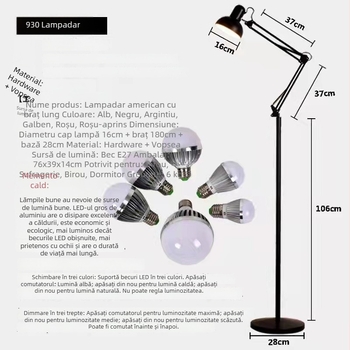 Lampă de podea cu braț lung, pliabilă, stil american, design minimalist, pentru living, dormitor, birou — lampă LED cu protecție pentru ochi